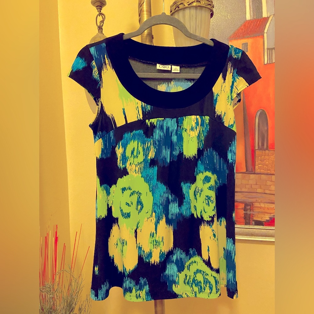 Cato brand multicolor printed top with black collar
